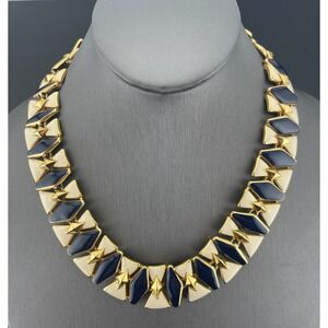 Vintage Monet Enamel Panel Necklace Navy Ivory Gold Tone Statement Collar 1980's